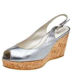 Pre Owned صندل ستيوارت وايتز مان جلد فضي مقدمة مفتوحة كعب روكي بحزام للكاحل مقاس 38