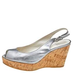 Pre Owned صندل ستيوارت وايتز مان جلد فضي مقدمة مفتوحة كعب روكي بحزام للكاحل مقاس 38