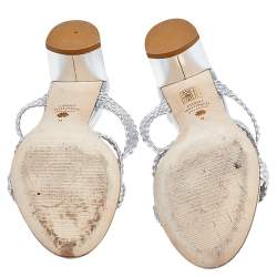Pre Owned Stuart Weitzman Silver Woven Leather Sarita Slide Sandals Size 38.5 