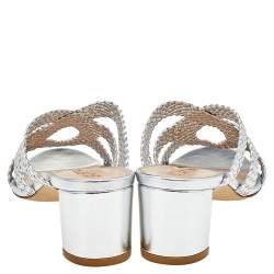 Pre Owned Stuart Weitzman Silver Woven Leather Sarita Slide Sandals Size 38.5 