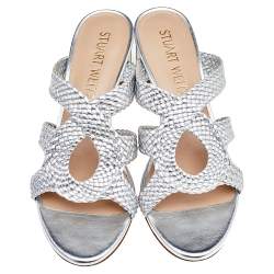 Pre Owned Stuart Weitzman Silver Woven Leather Sarita Slide Sandals Size 38.5 