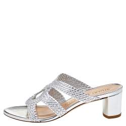 Pre Owned Stuart Weitzman Silver Woven Leather Sarita Slide Sandals Size 38.5 