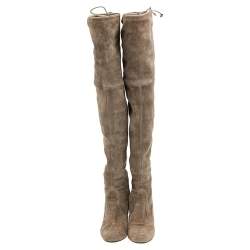 Pre Owned Stuart Weitzman Khaki Grey Suede Tie Land Over The Knee Block Heel Boots Size 36.5