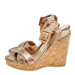 Stuart Weitzman Metallic Crackle Leather Cork Wedge Ankle Strap Sandals Size 38.5