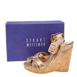 Stuart Weitzman Metallic Crackle Leather Cork Wedge Ankle Strap Sandals Size 38.5