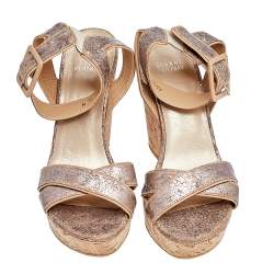 Stuart Weitzman Metallic Crackle Leather Cork Wedge Ankle Strap Sandals Size 38.5