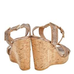 Stuart Weitzman Metallic Crackle Leather Cork Wedge Ankle Strap Sandals Size 38.5