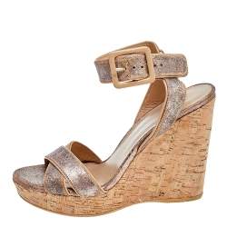 Stuart Weitzman Metallic Crackle Leather Cork Wedge Ankle Strap Sandals Size 38.5