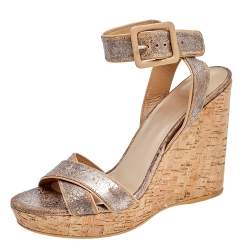 Stuart Weitzman Metallic Crackle Leather Cork Wedge Ankle Strap Sandals Size 38.5