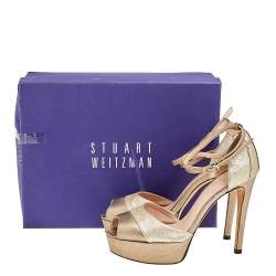 Stuart Weitzman Gold Leather And Glitter Ankle Strap Sandals Size 37.5