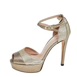 Stuart Weitzman Gold Leather And Glitter Ankle Strap Sandals Size 37.5