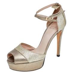 Stuart Weitzman Gold Leather And Glitter Ankle Strap Sandals Size 37.5
