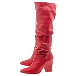 Stuart Weitzman Red Leather Slouch Block Heel Knee Length Boots Size 37.5