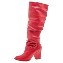 Stuart Weitzman Red Leather Slouch Block Heel Knee Length Boots Size 37.5