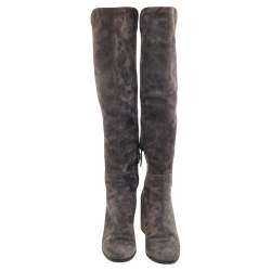 Stuart Weitzman Grey Suede Block Heel Knee Length Boots Size 37.5