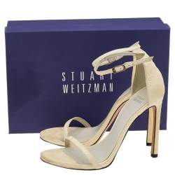 Stuart Weitzman Cream Python Embossed Leather Nudist Ankle Strap Sandals Size 39