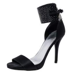 Stuart Weitzman Black Satin Crystal Embellished Ankle Cuff Sandals Size 36