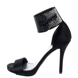 Stuart Weitzman Black Satin Crystal Embellished Ankle Cuff Sandals Size 36