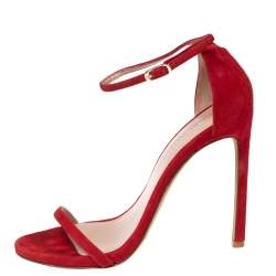 Stuart Weitzman Red Suede Nudist Ankle-Strap Sandals Size 38.5