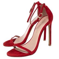 Stuart Weitzman Red Suede Nudist Ankle-Strap Sandals Size 38.5