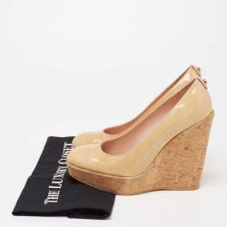 Stuart Weitzman Beige Patent Leather Cork Platform Wedge Pumps Size 37