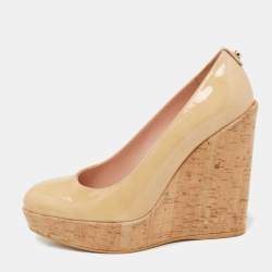 Stuart Weitzman Beige Patent Leather Cork Platform Wedge Pumps Size 37