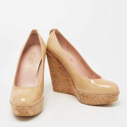 Stuart Weitzman Beige Patent Leather Cork Platform Wedge Pumps Size 37