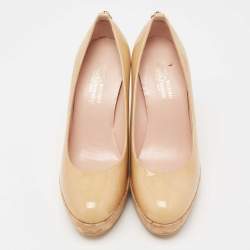 Stuart Weitzman Beige Patent Leather Cork Platform Wedge Pumps Size 37