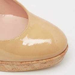 Stuart Weitzman Beige Patent Leather Cork Platform Wedge Pumps Size 37