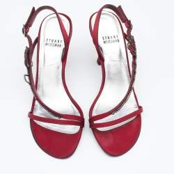 Stuart Weitzman Burgundy Satin Crystal Embellished Slingback Sandals Size 37