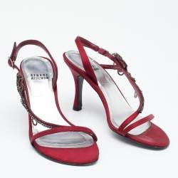 Stuart Weitzman Burgundy Satin Crystal Embellished Slingback Sandals Size 37