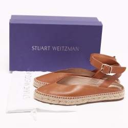 Pre Owned Stuart Weitzman Brown Leather Toga Ankle-Wrap Flat Espadrilles Size 37.5