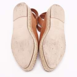 Pre Owned Stuart Weitzman Brown Leather Toga Ankle-Wrap Flat Espadrilles Size 37.5