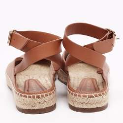 Pre Owned Stuart Weitzman Brown Leather Toga Ankle-Wrap Flat Espadrilles Size 37.5