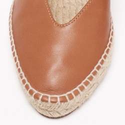 Pre Owned Stuart Weitzman Brown Leather Toga Ankle-Wrap Flat Espadrilles Size 37.5