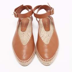 Pre Owned Stuart Weitzman Brown Leather Toga Ankle-Wrap Flat Espadrilles Size 37.5