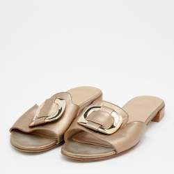 Stuart Weitzman Metallic Gold Leather Slide Sandals Size 39