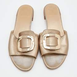 Stuart Weitzman Metallic Gold Leather Slide Sandals Size 39