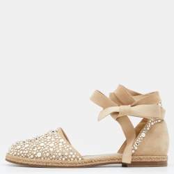 Stuart Weitzman Beige Suede Embellished Ankle Wrap Flat Espadrilles Size 41