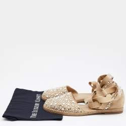 Stuart Weitzman Beige Suede Embellished Ankle Wrap Flat Espadrilles Size 41