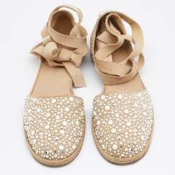 Stuart Weitzman Beige Suede Embellished Ankle Wrap Flat Espadrilles Size 41