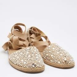 Stuart Weitzman Beige Suede Embellished Ankle Wrap Flat Espadrilles Size 41