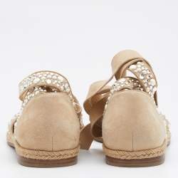 Stuart Weitzman Beige Suede Embellished Ankle Wrap Flat Espadrilles Size 41