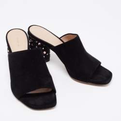Stuart Weitzman Black Suede Crystal Embellished Block Heel Mule Sandals Size 36