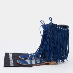 Stuart Weitzman Blue Suede Fringe Detail Gladiator Flat Sandals Size 36