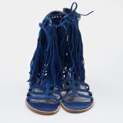 Stuart Weitzman Blue Suede Fringe Detail Gladiator Flat Sandals Size 36