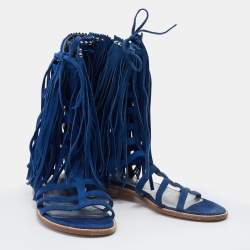 Stuart Weitzman Blue Suede Fringe Detail Gladiator Flat Sandals Size 36