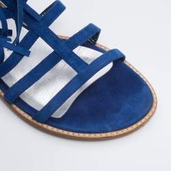 Stuart Weitzman Blue Suede Fringe Detail Gladiator Flat Sandals Size 36