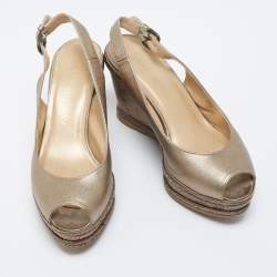 Stuart Weitzman Metallic Gold Leather Jean Peep Toe Cork Wedge Slingback Sandals Size 36.5