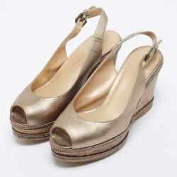 Stuart Weitzman Metallic Gold Leather Jean Peep Toe Cork Wedge Slingback Sandals Size 36.5